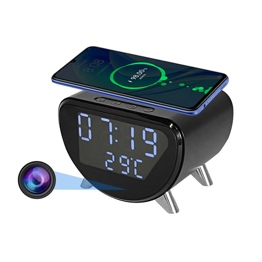 4K HD Mini Camera Clock plus Wireless Charging, Remote View, Motion Detection