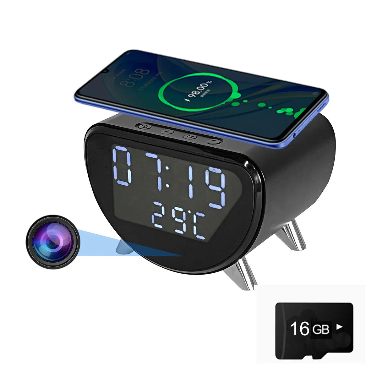 4K HD Mini Camera Clock plus Wireless Charging, Remote View, Motion Detection