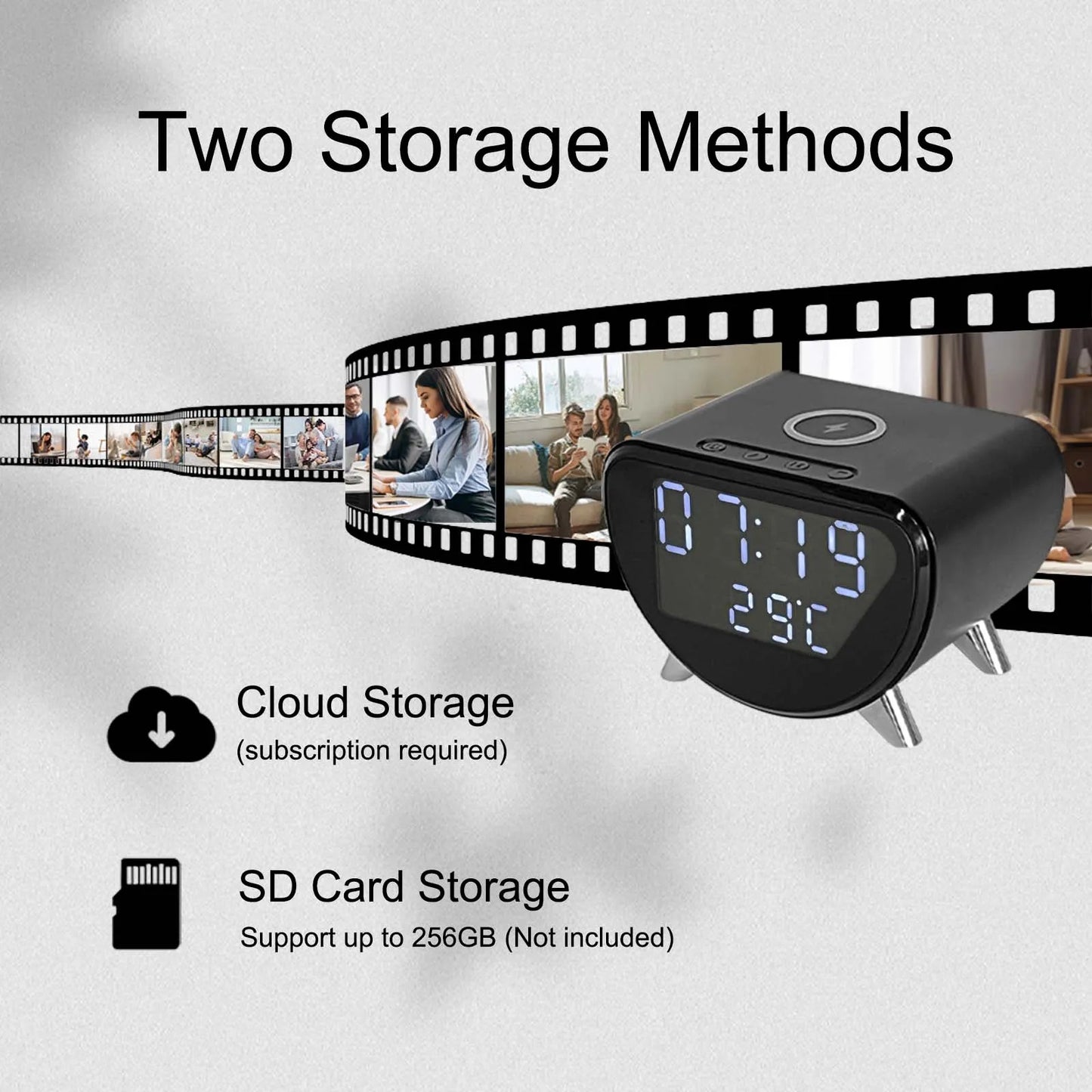 4K HD Mini Camera Clock plus Wireless Charging, Remote View, Motion Detection